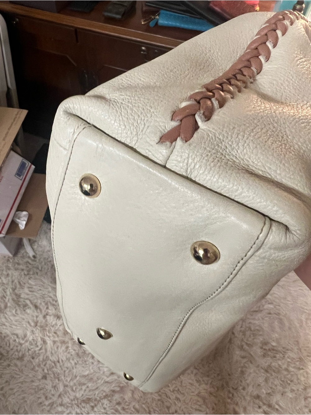 Furla Ivory Whipstitch Leather Tote with Tan Handles - Picture 6 of 10